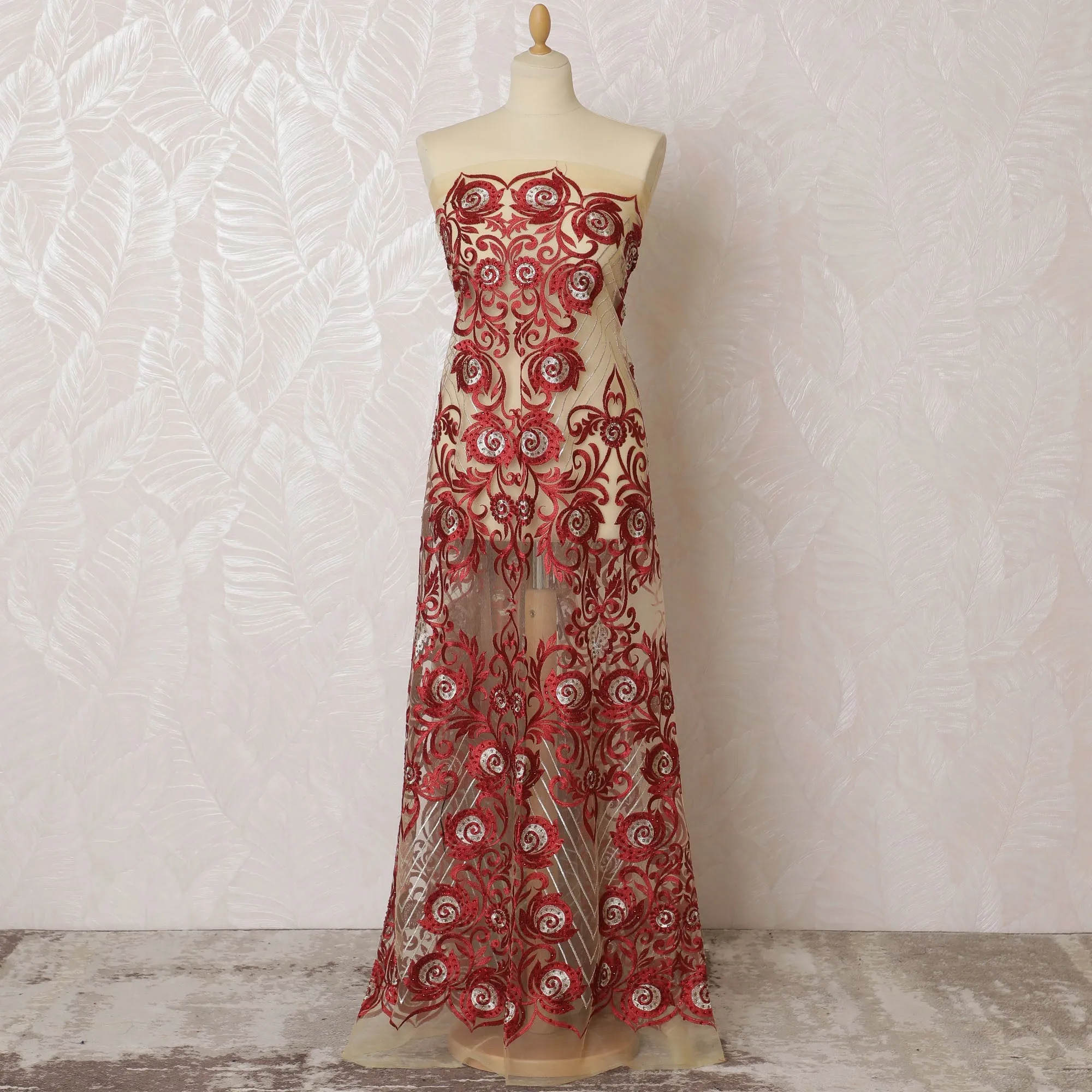 Elegant Red and Cream Embroidered Nylon Tulle Fabric, 140 cm Wide â€“ Opulent Baroque Design-D19249