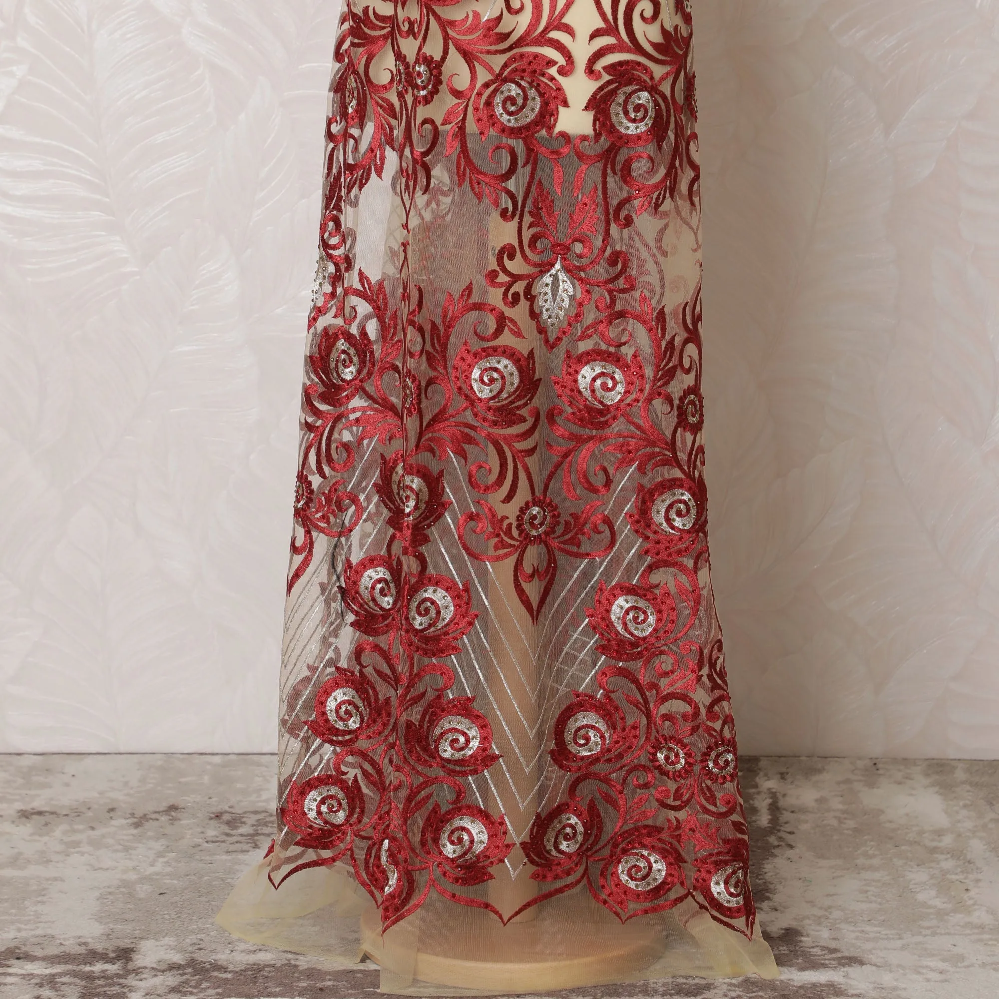 Elegant Red and Cream Embroidered Nylon Tulle Fabric, 140 cm Wide â€“ Opulent Baroque Design-D19249