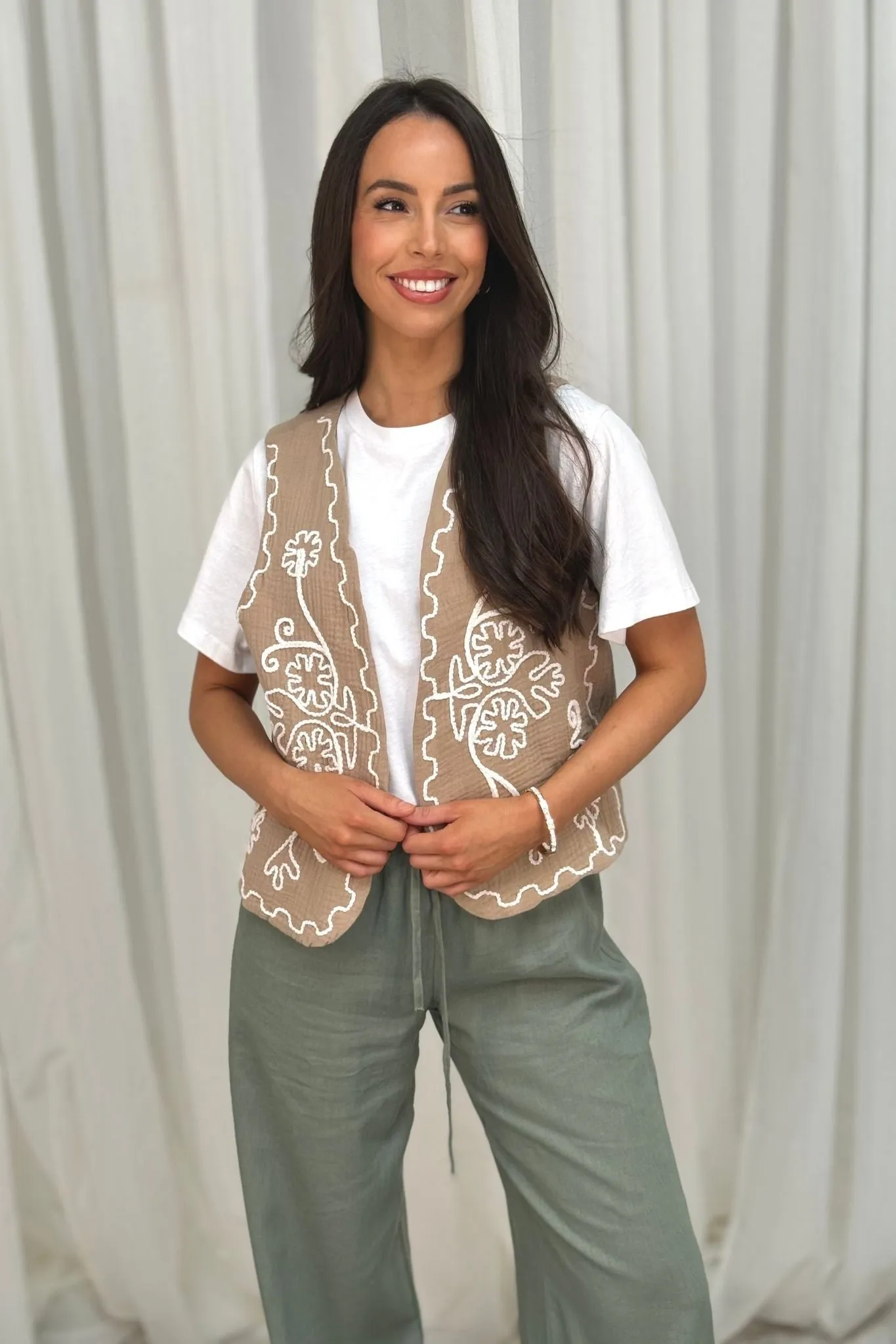 Elsa Embroidered Waistcoat In Taupe