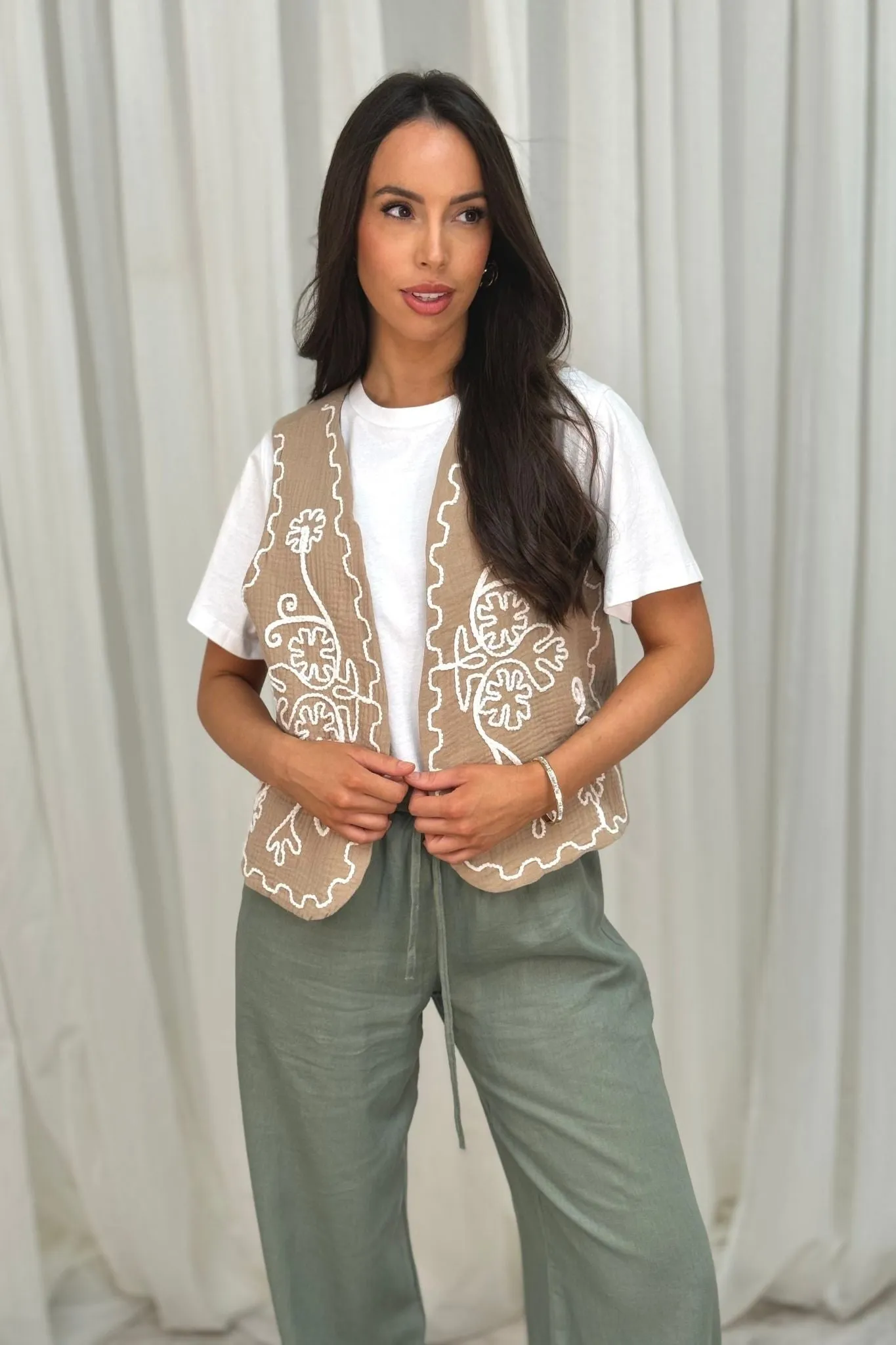 Elsa Embroidered Waistcoat In Taupe