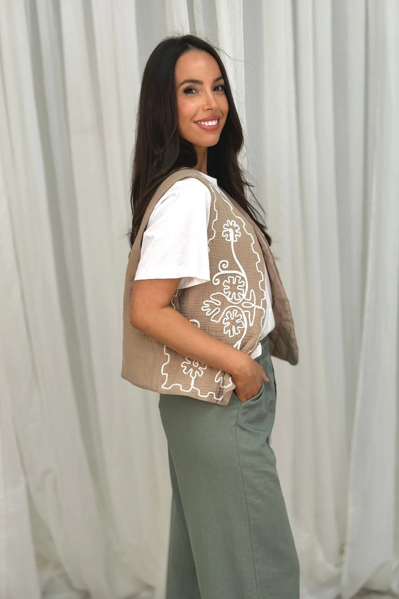 Elsa Embroidered Waistcoat In Taupe