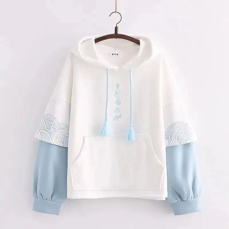 Embroidered Sleeves Wave Print Contrast Color And Velvet Padded Pullover Hoodie Women