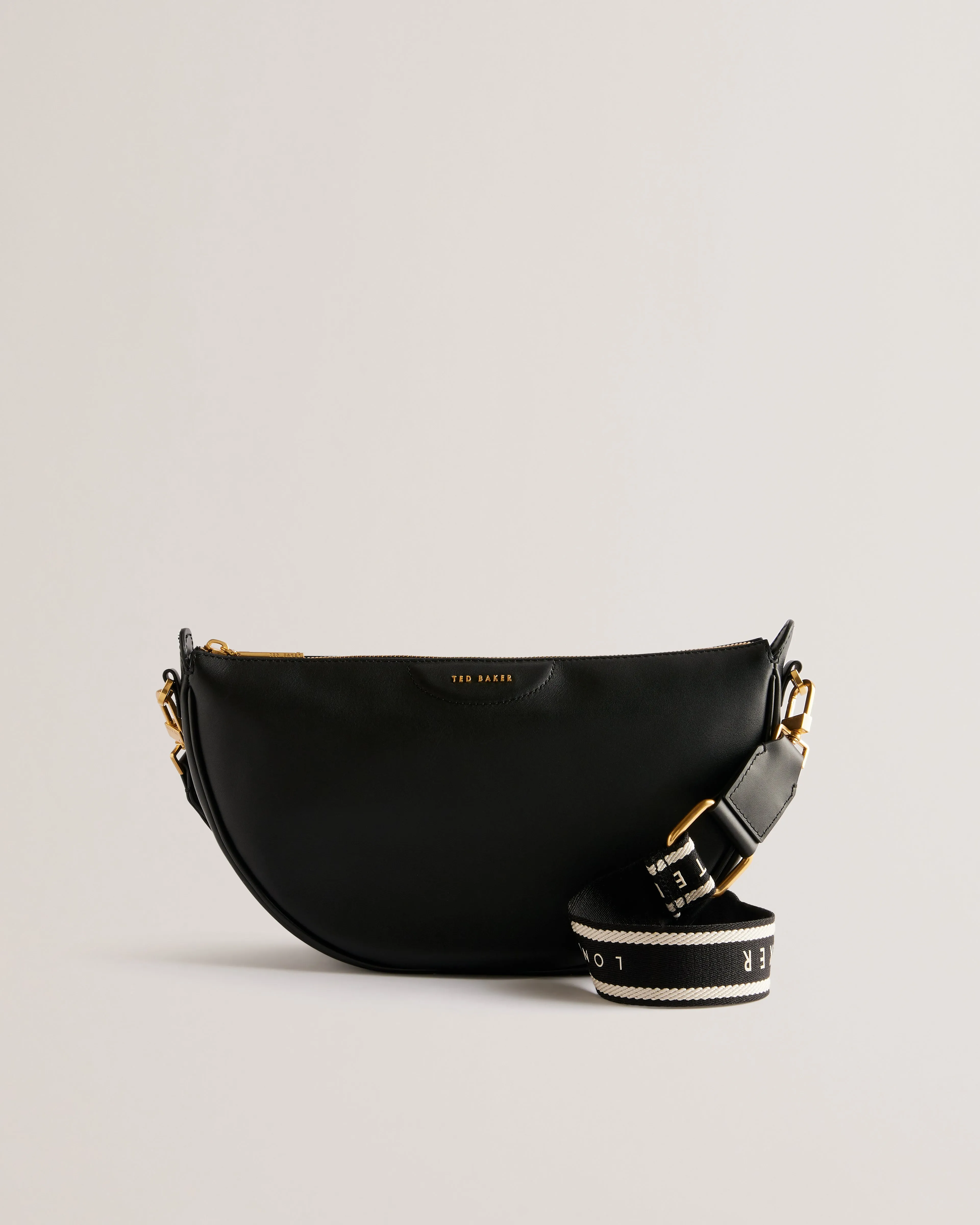 Essina Webbing Leather Half Moon Crossbody Bag Black