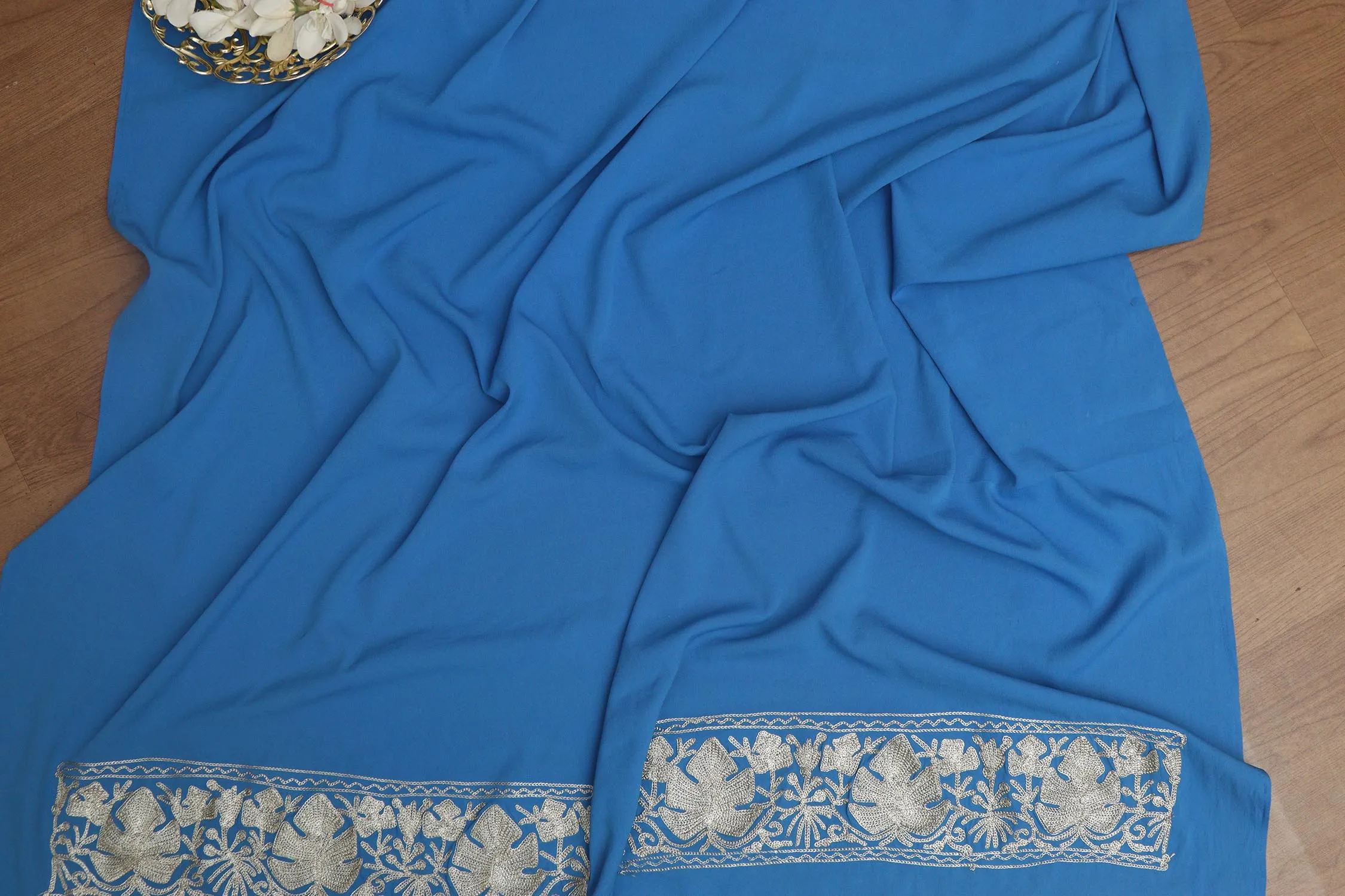 Exquisite Blue Embroidered Kashmiri Tilla Work Crepe Saree