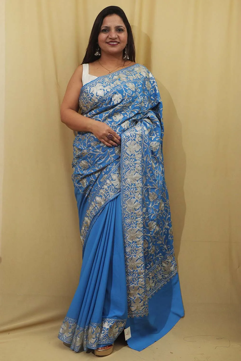 Exquisite Blue Embroidered Kashmiri Tilla Work Crepe Saree