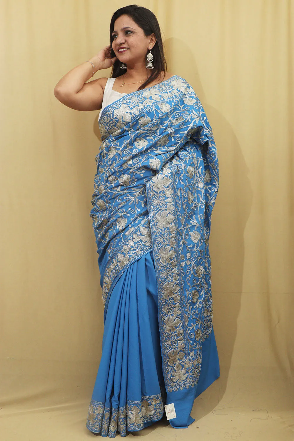 Exquisite Blue Embroidered Kashmiri Tilla Work Crepe Saree