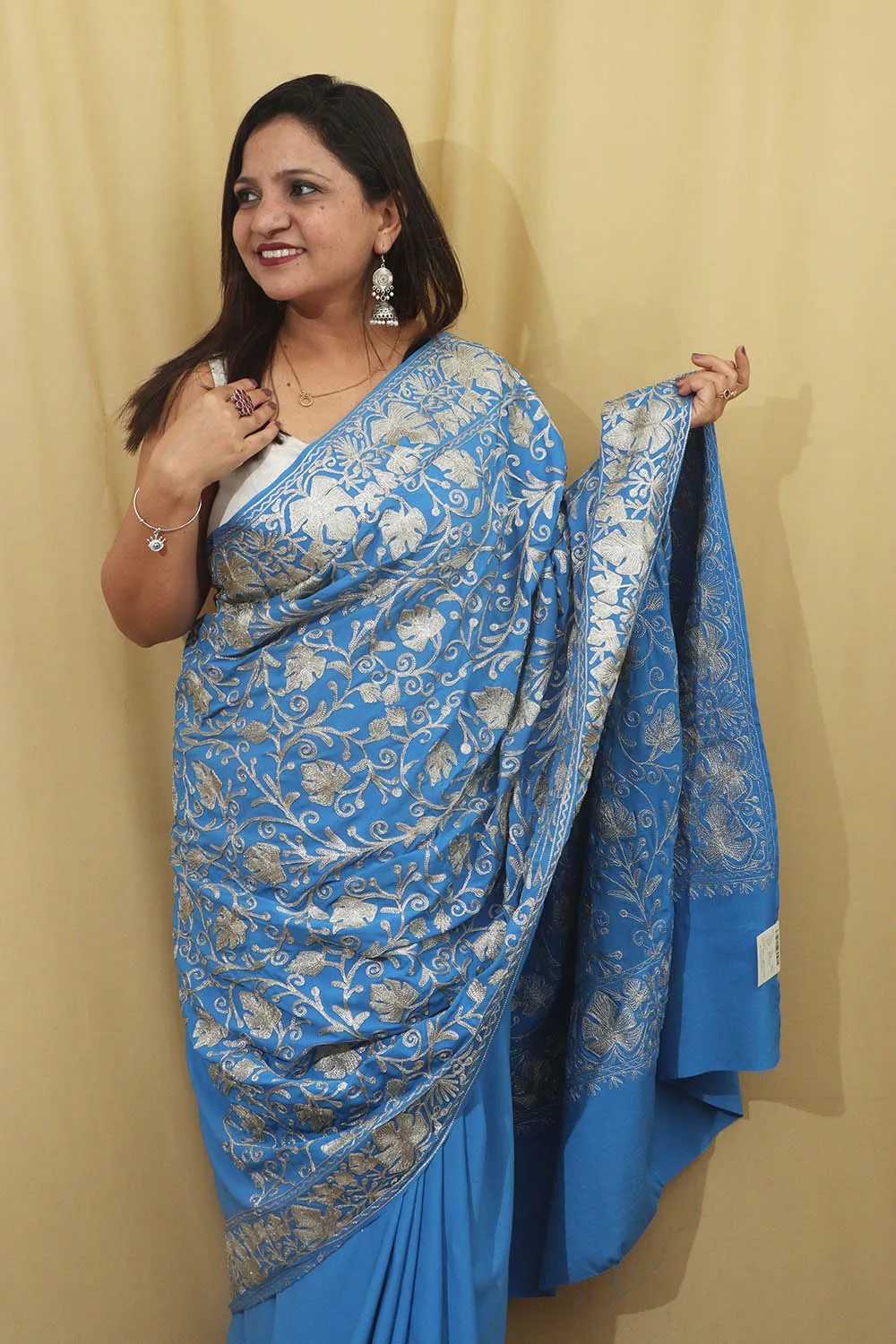 Exquisite Blue Embroidered Kashmiri Tilla Work Crepe Saree