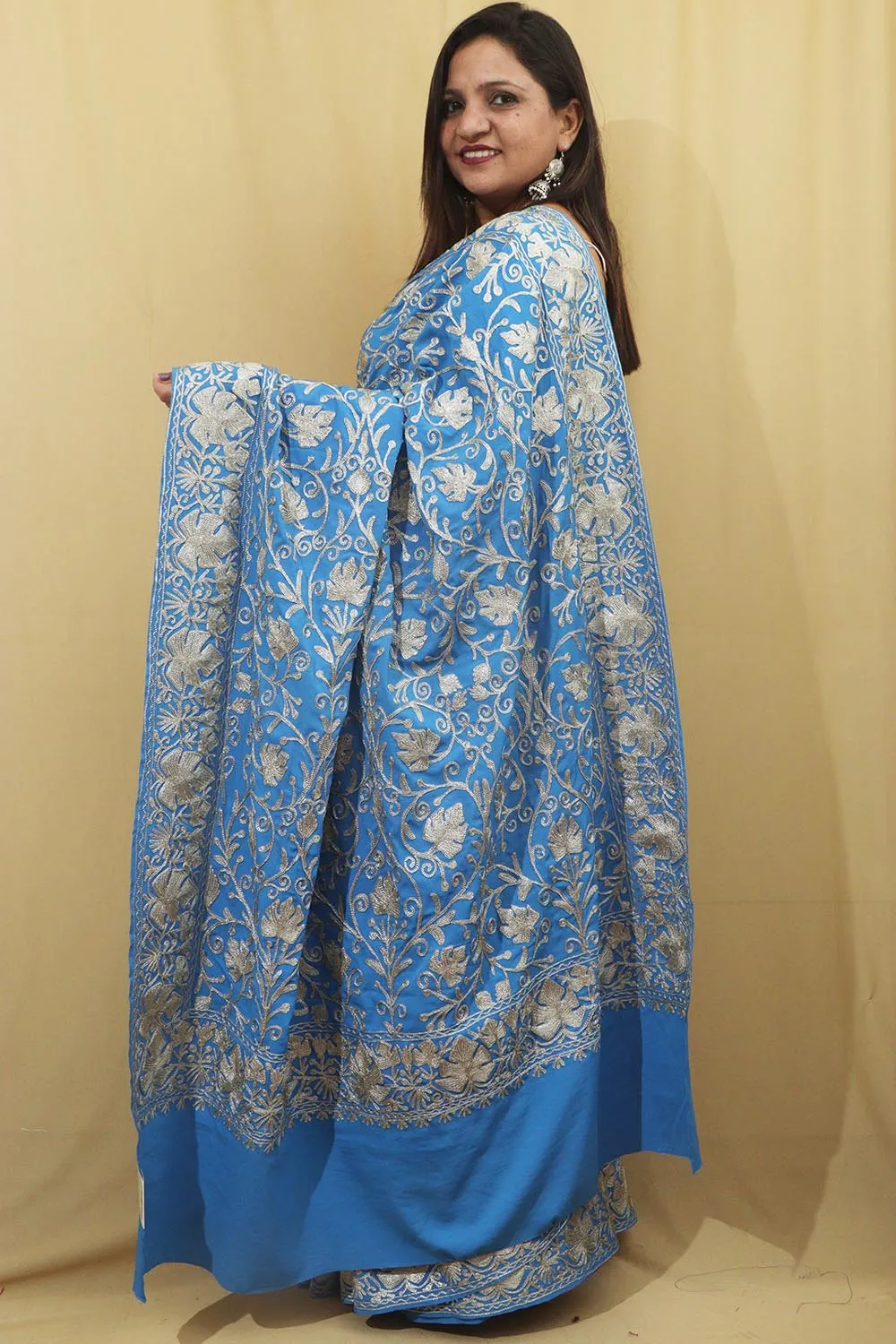 Exquisite Blue Embroidered Kashmiri Tilla Work Crepe Saree