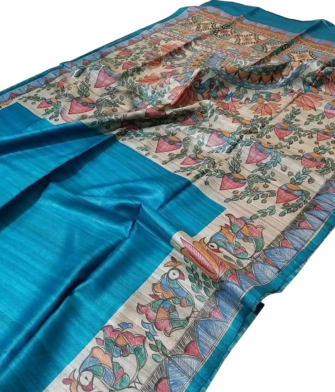 Exquisite Hand Painted Madhubani Tussar Silk Saree