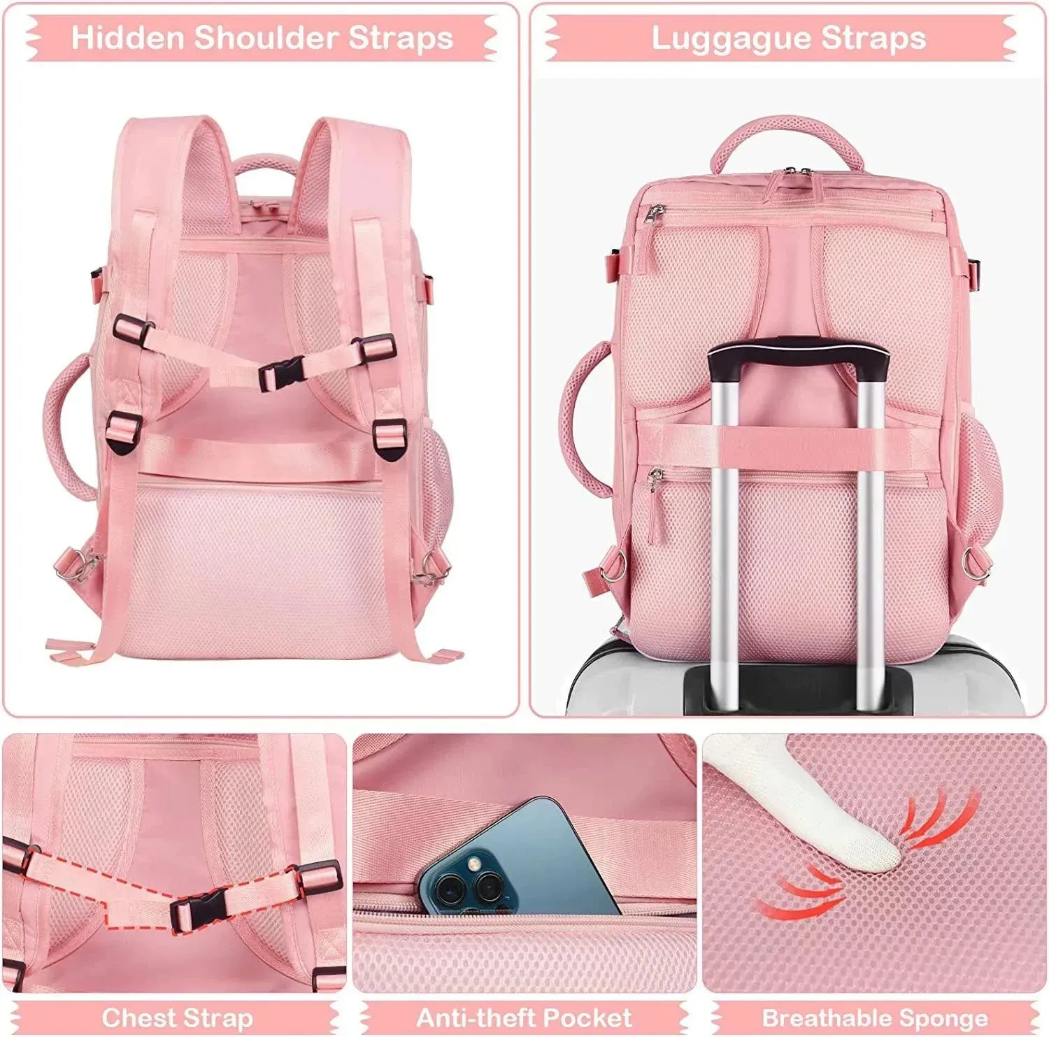 Extra Large Travel Backpack for Women as Person Item Flight Approved, 40L Carry on Backpack, 17 Inch Laptop Backpack, Waterproof Backpack, Hiking Backpack, Casual Bag Backpack(Pink)