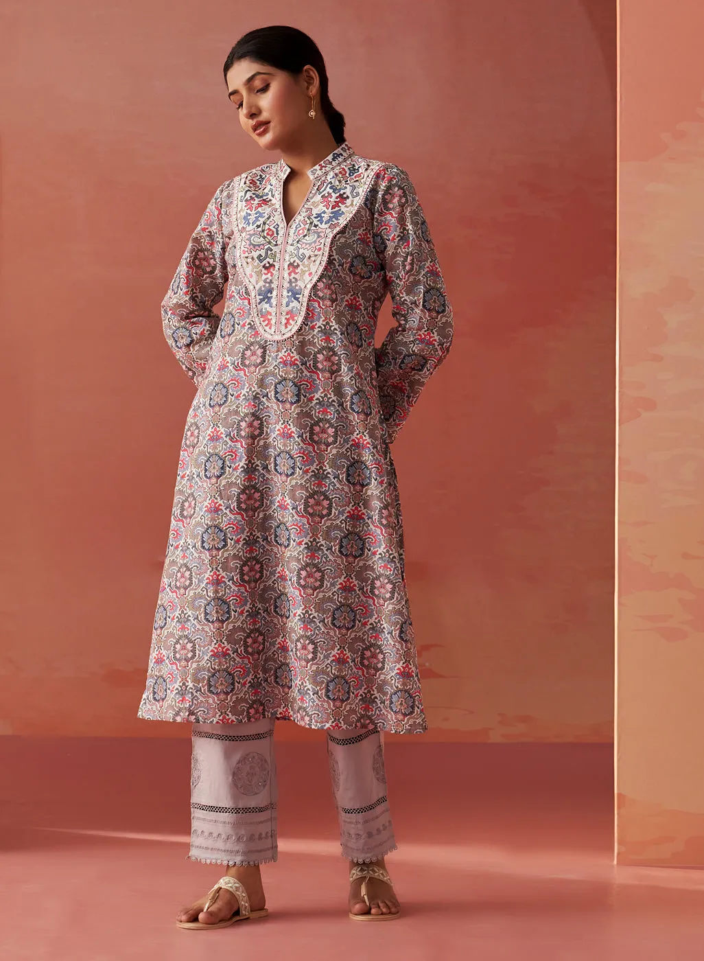 Farah Grey Embroidered Chanderi Kurta for Women