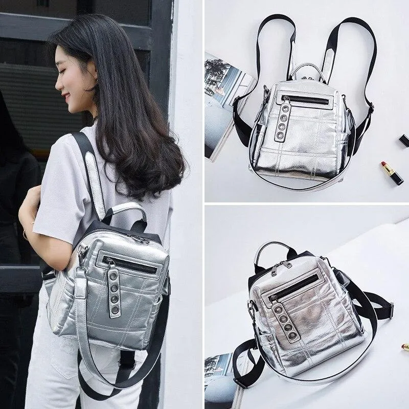 Fashionable Multifunctional Ladies' Glitter Backpack For School Travel Silver