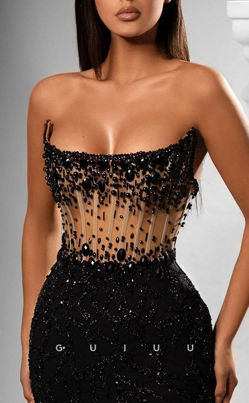 G2665 - Sexy & Fitted Black Strapless Beaded Sheer Long Prom Evening Party Dress