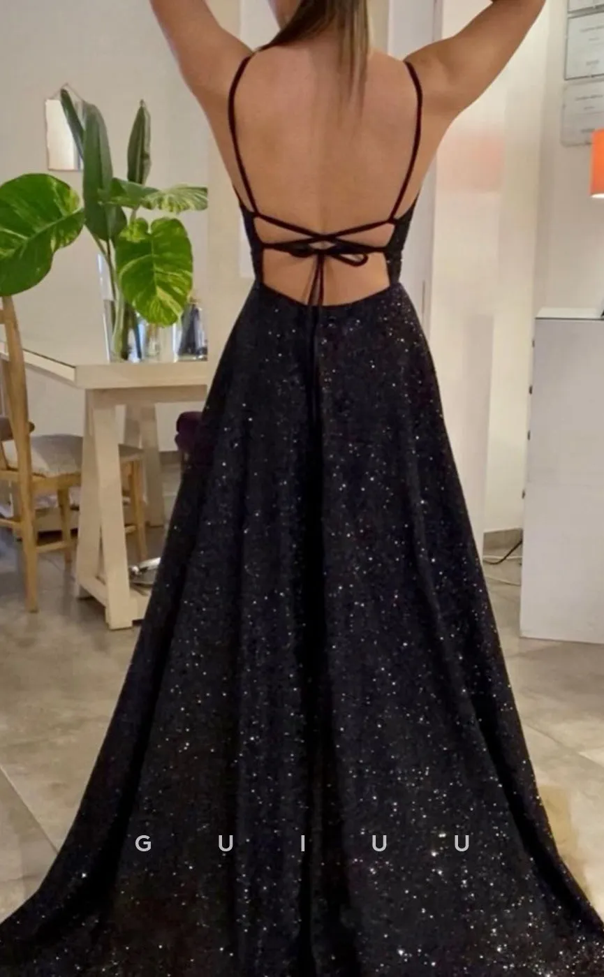 G2827 - Classic & Timeless V-Neck Sequins Straps Black Prom Evening Dress