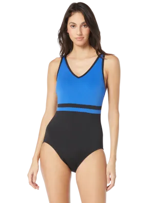 Gabar V-Neck Chlorine Resistant One Piece Swimsuit - Color Blocked Solids