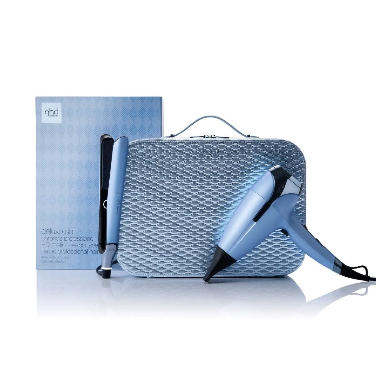 Ghd Deluxe Gift Set Chronos Hair Straightener & Helios Hair Dryer in Icy Blue