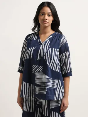 Gia Navy Abstract Print Cotton Blouse