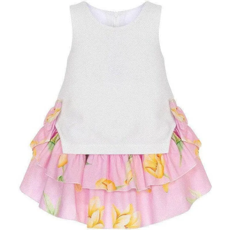 Girls Pink & White Cotton Ruffle Dress