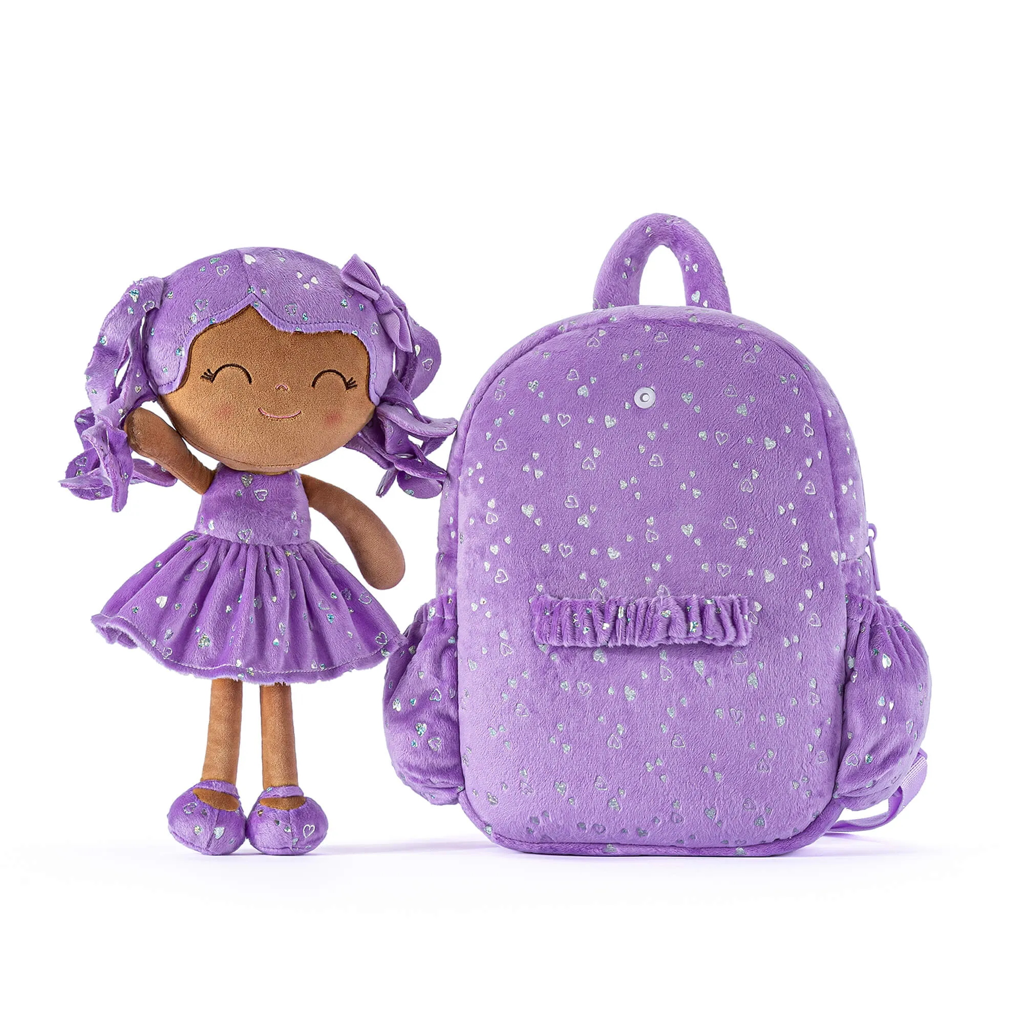 Gloveleya 11-inch Toddler Girl Backpack Plush Kindergarten Backpacks with 12-inch Curly Hair Ironing Silver Heart Doll Tanned Skin Purple