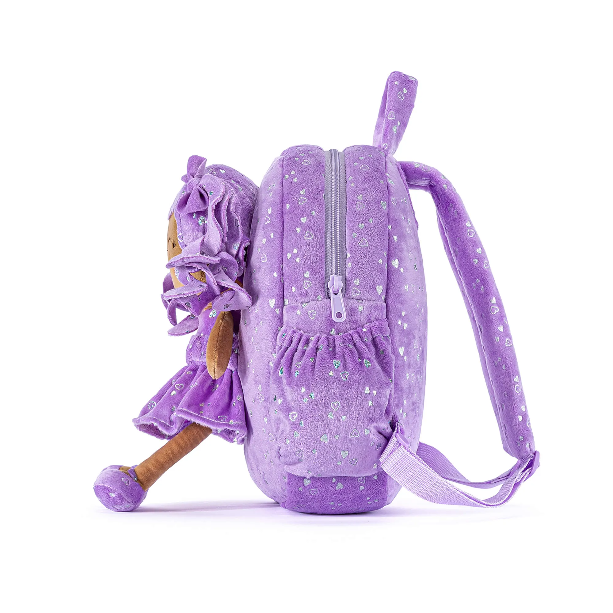 Gloveleya 11-inch Toddler Girl Backpack Plush Kindergarten Backpacks with 12-inch Curly Hair Ironing Silver Heart Doll Tanned Skin Purple