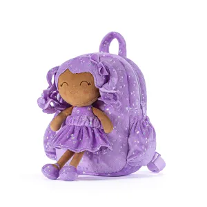 Gloveleya 11-inch Toddler Girl Backpack Plush Kindergarten Backpacks with 12-inch Curly Hair Ironing Silver Heart Doll Tanned Skin Purple