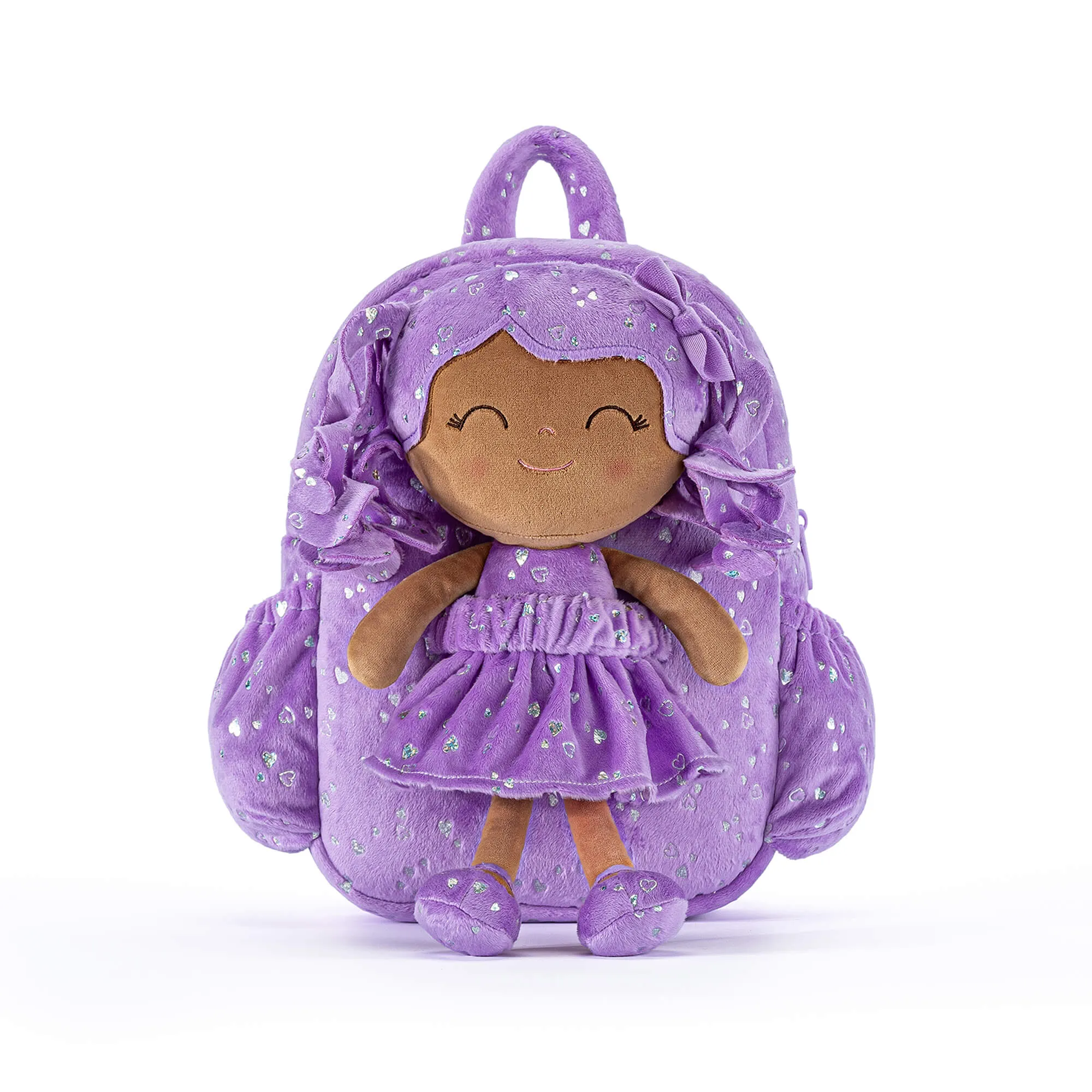 Gloveleya 11-inch Toddler Girl Backpack Plush Kindergarten Backpacks with 12-inch Curly Hair Ironing Silver Heart Doll Tanned Skin Purple