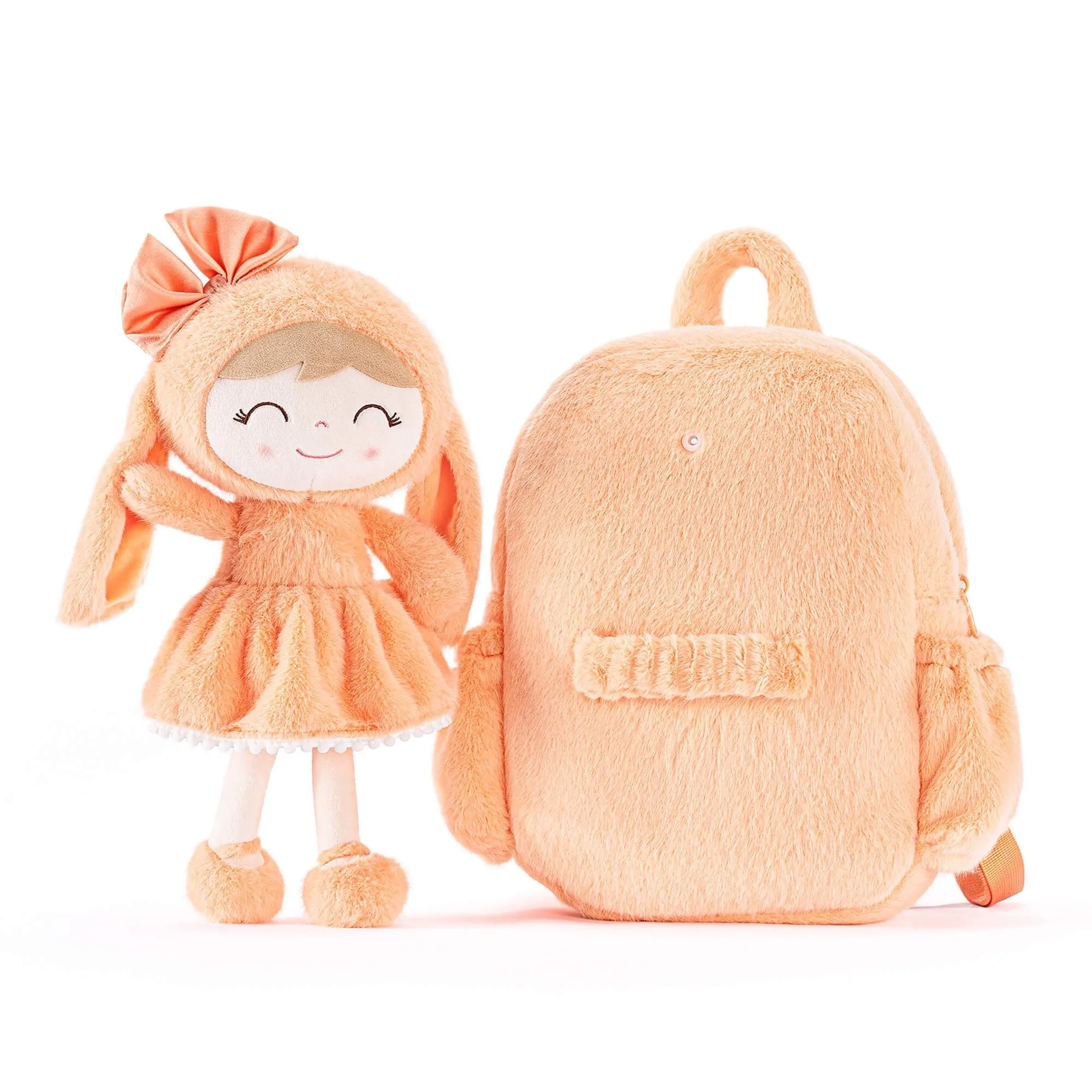 Gloveleya 11-inch Toddler Girl Backpack Snow Ferret Kindergarten Backpacks with 12-inch Orange Bunny Doll