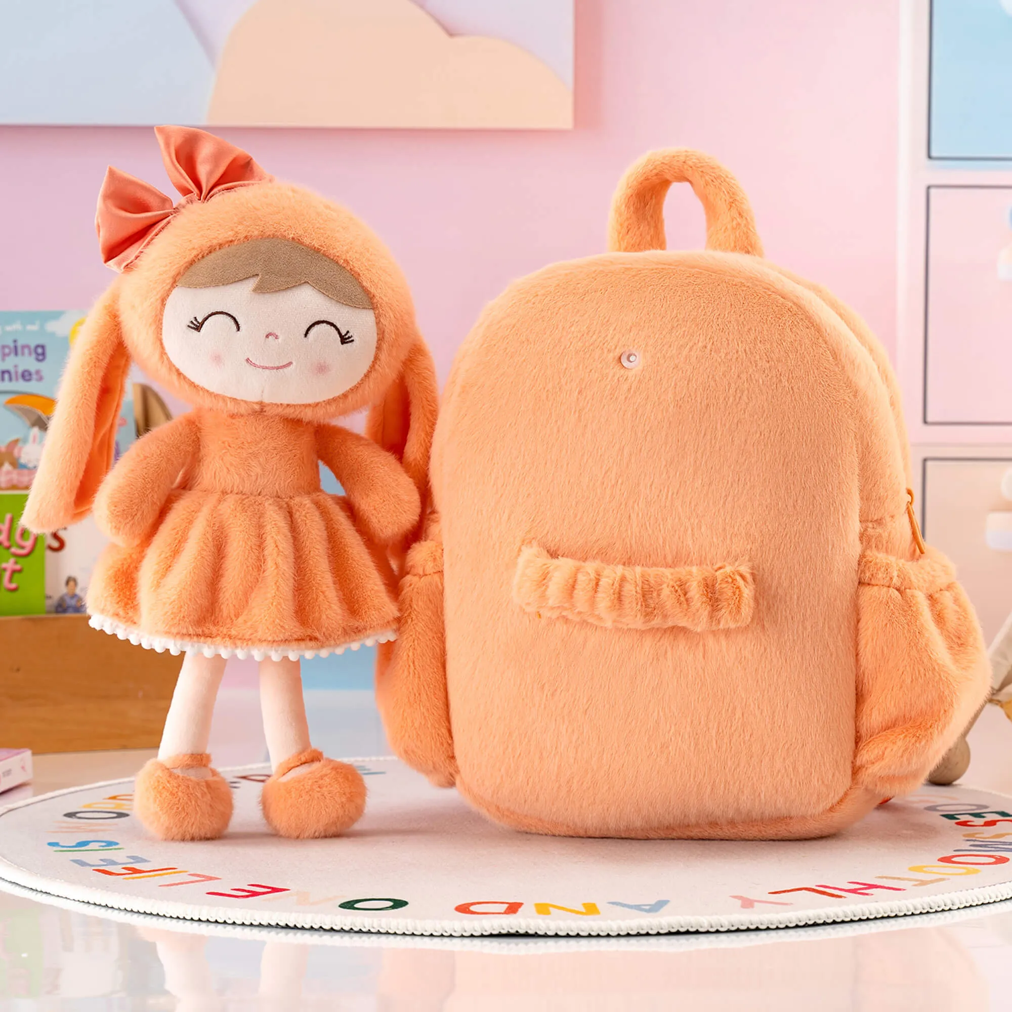 Gloveleya 11-inch Toddler Girl Backpack Snow Ferret Kindergarten Backpacks with 12-inch Orange Bunny Doll