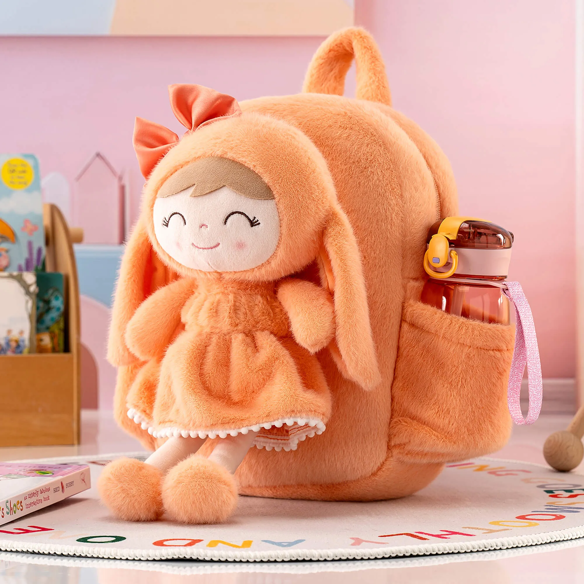 Gloveleya 11-inch Toddler Girl Backpack Snow Ferret Kindergarten Backpacks with 12-inch Orange Bunny Doll