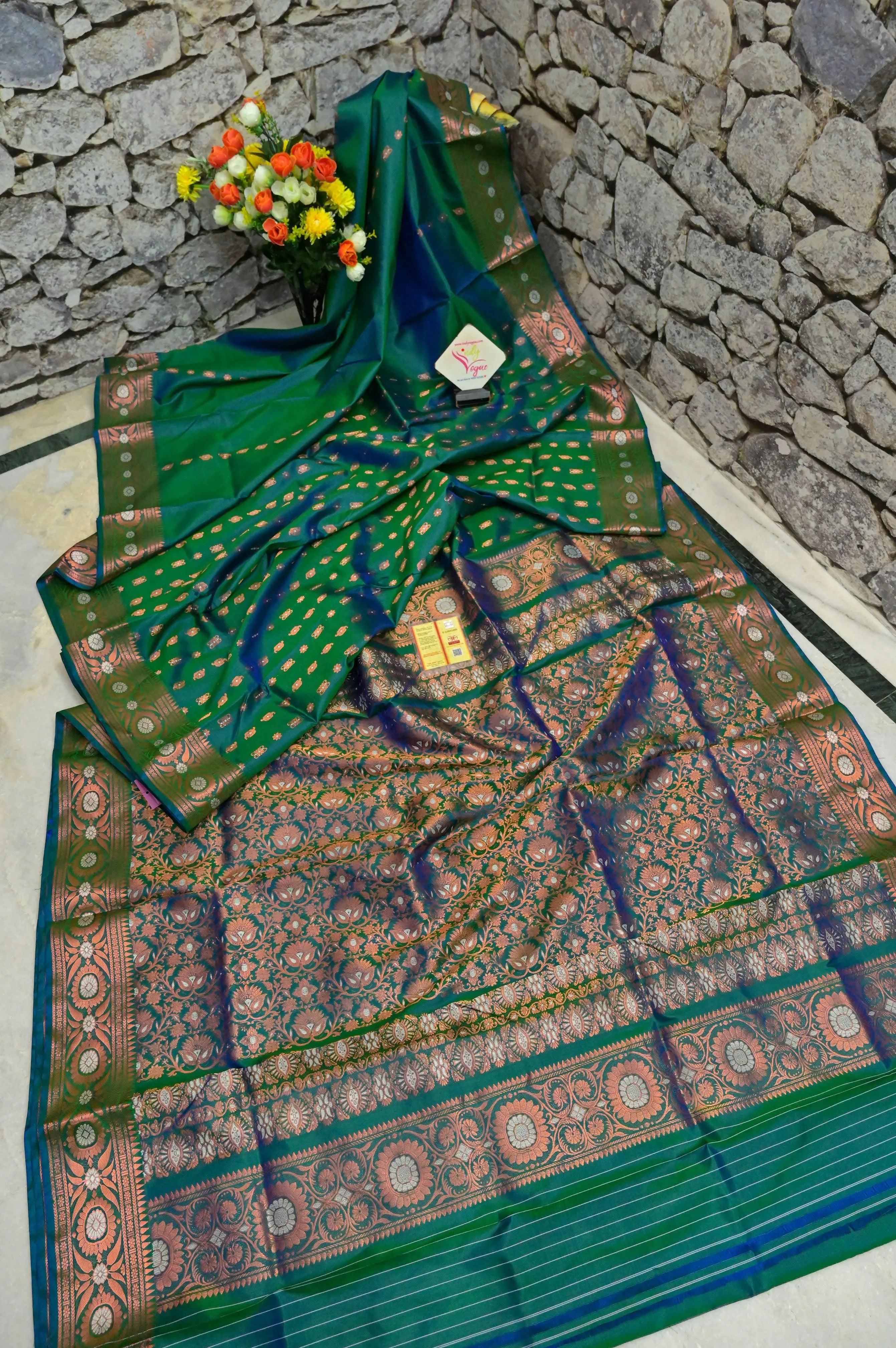 Green and Blue Dual Tone Pure Baluchari Silk with Copper Zari Work