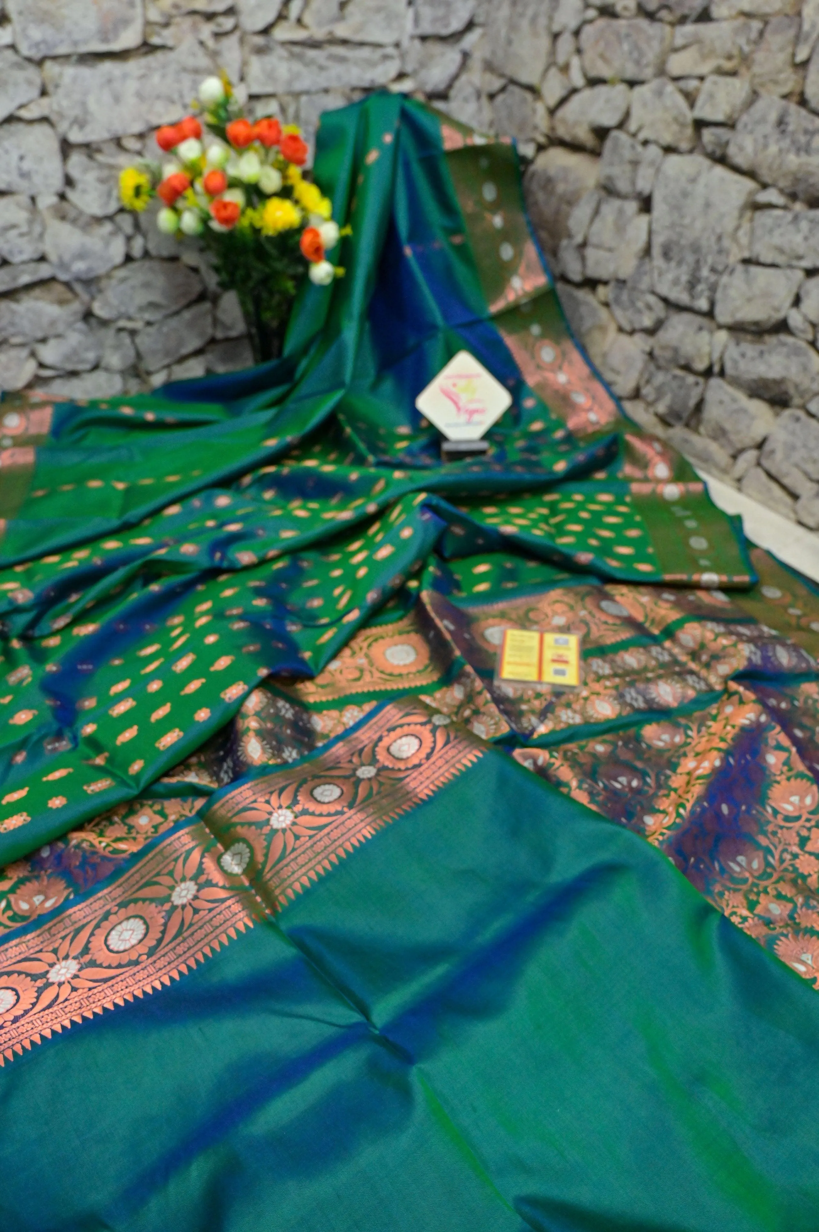 Green and Blue Dual Tone Pure Baluchari Silk with Copper Zari Work