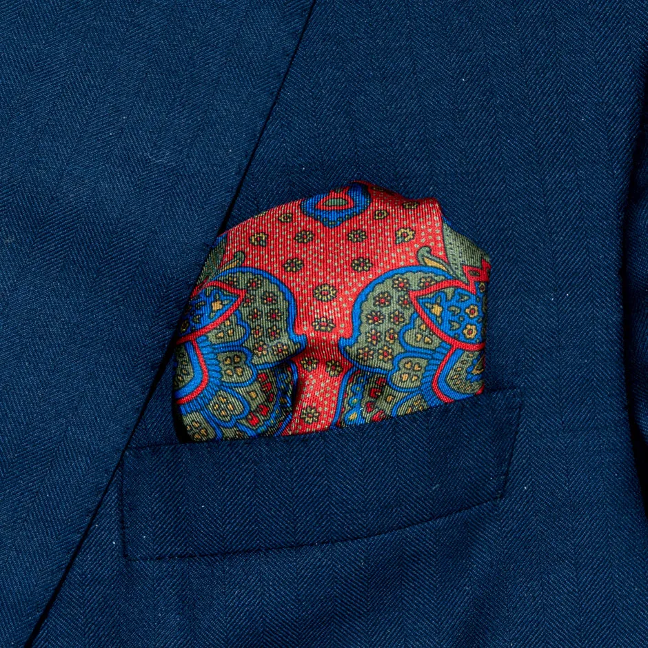 Green, Blue & Red Pure Silk Twill Pocket Handkerchief