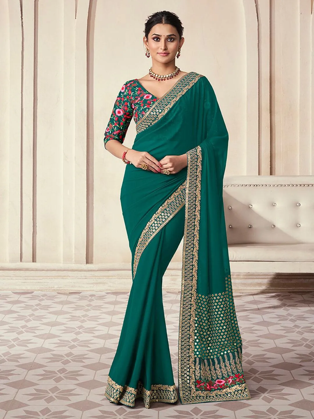 Green color Organza Embroidered Designer Saree