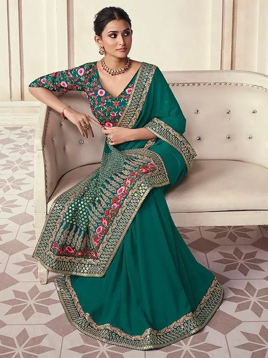 Green color Organza Embroidered Designer Saree