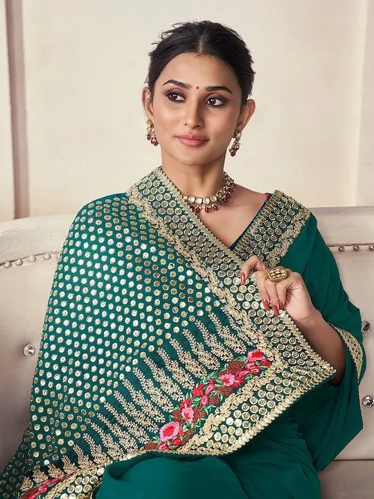 Green color Organza Embroidered Designer Saree