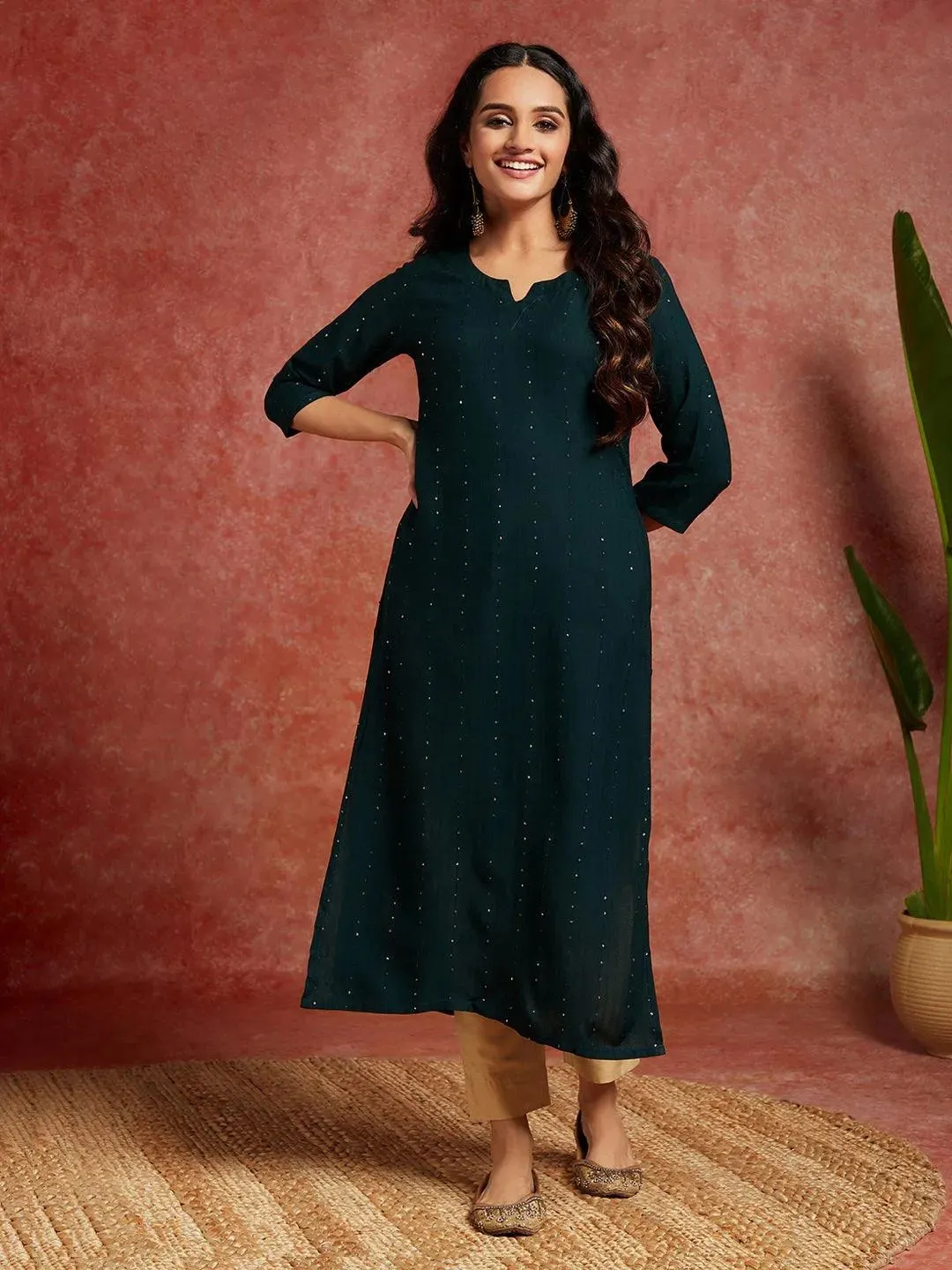 Green Embellished Rayon Straight Kurta