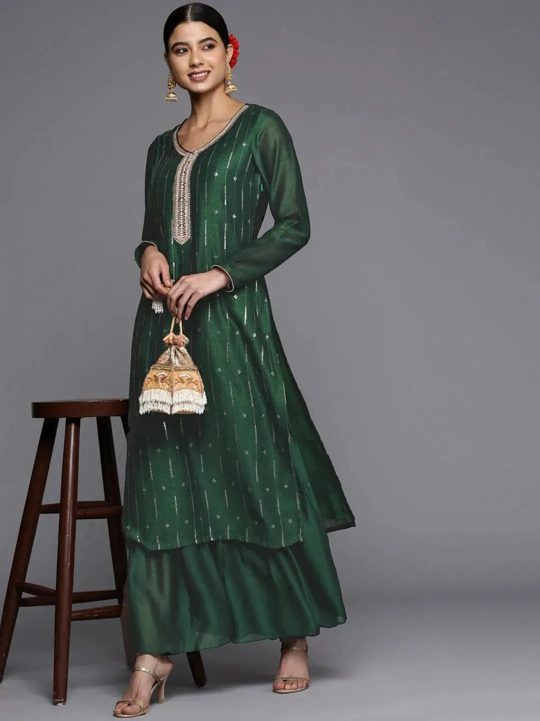 Green Solid Silk Blend Palazzos