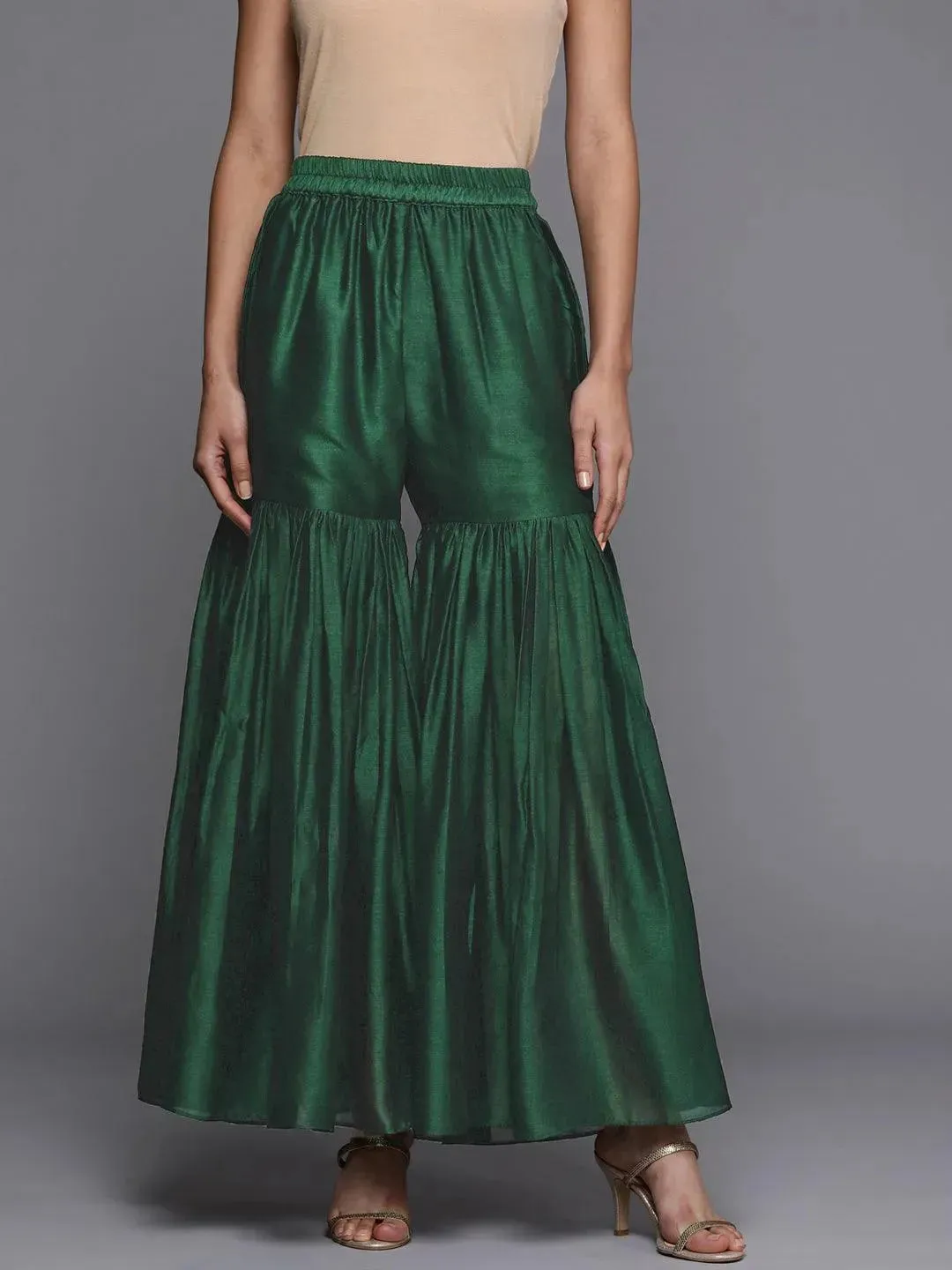 Green Solid Silk Blend Palazzos