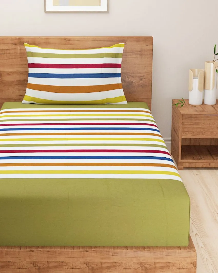 Green Striped Magical Linea Cotton Single Bedsheet With Pillow Cover | 90 x 60 inches