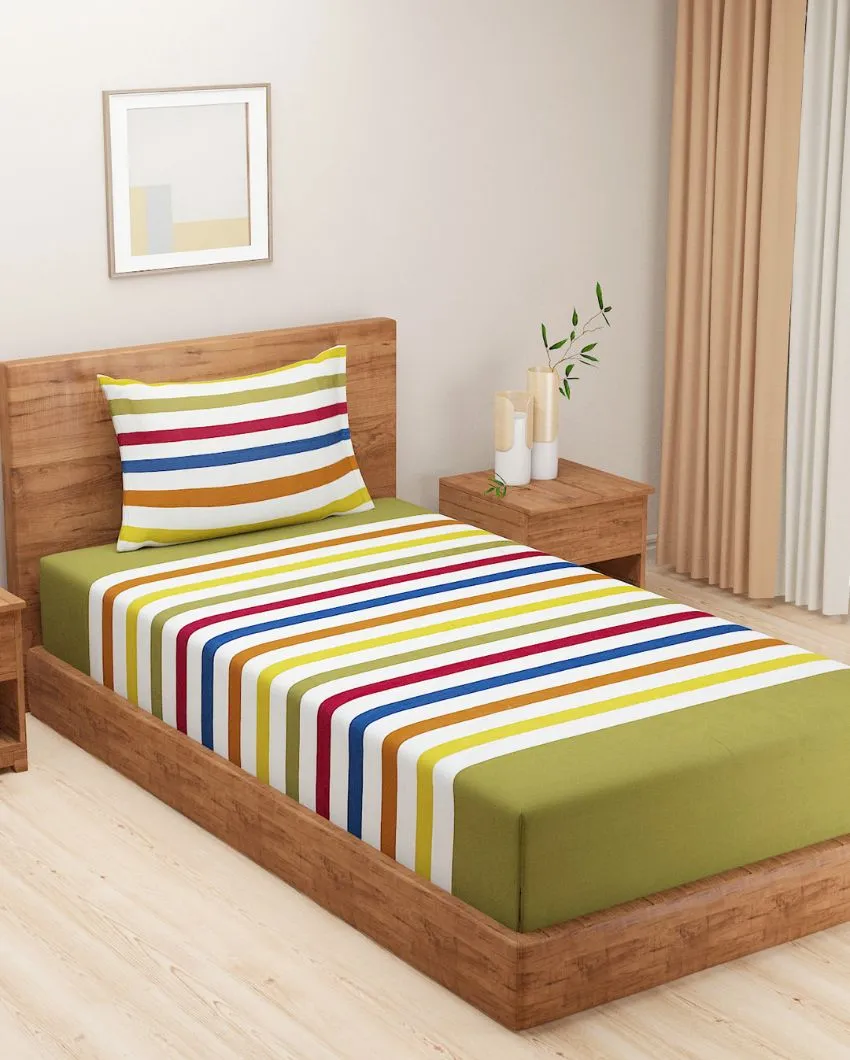 Green Striped Magical Linea Cotton Single Bedsheet With Pillow Cover | 90 x 60 inches