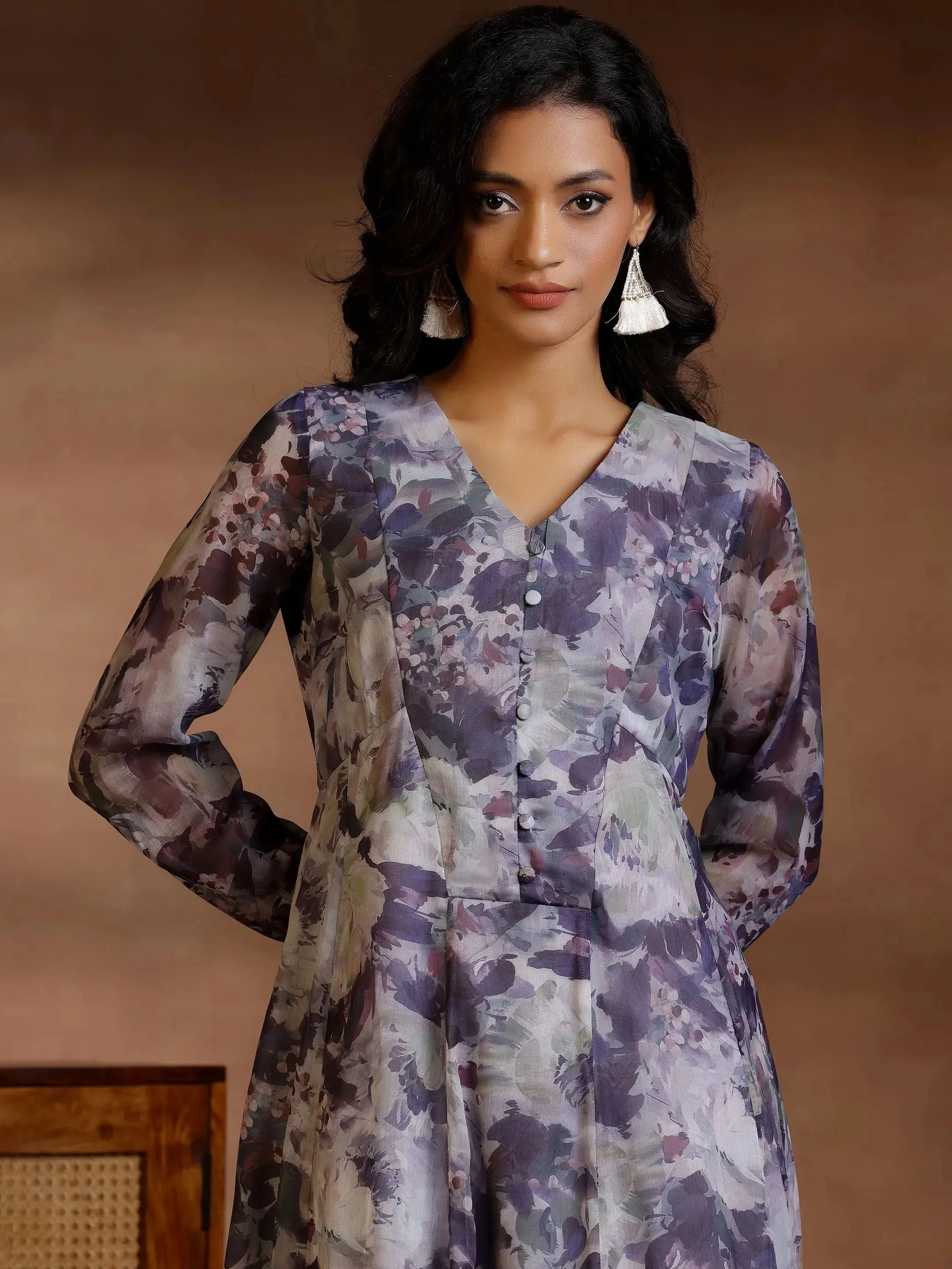 Grey Printed Polyester A-Line Dress