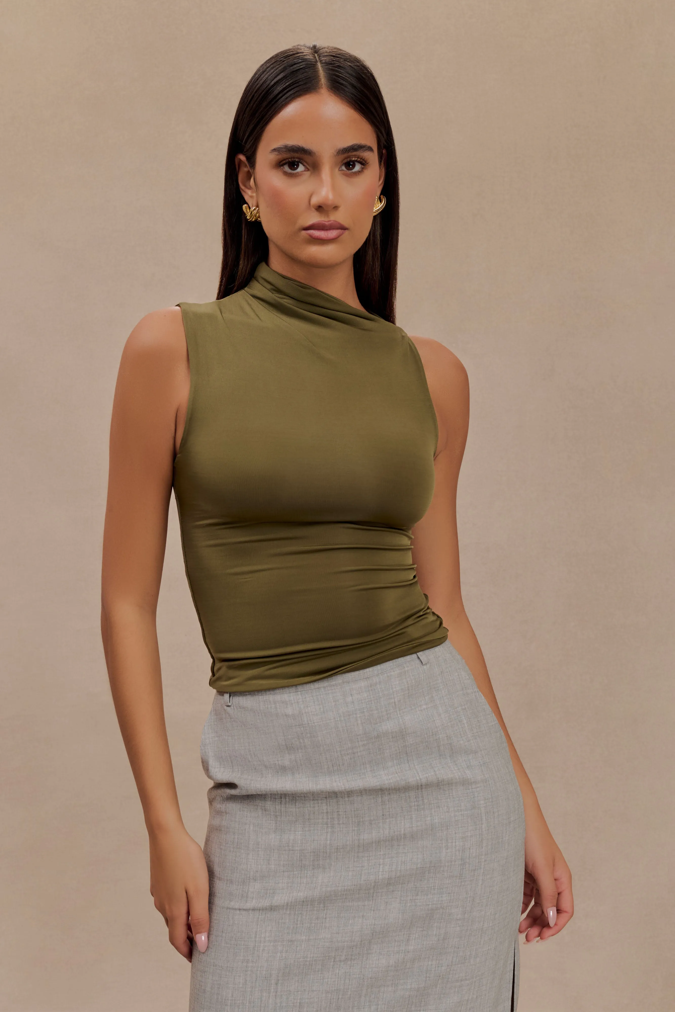 Hadleigh Sleeveless Slinky Top - Dark Olive