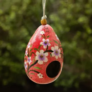 Hand Painted Crackled Red Dried Gourd Birdhouse from Peru - Spring Rose Condo | NOVICA