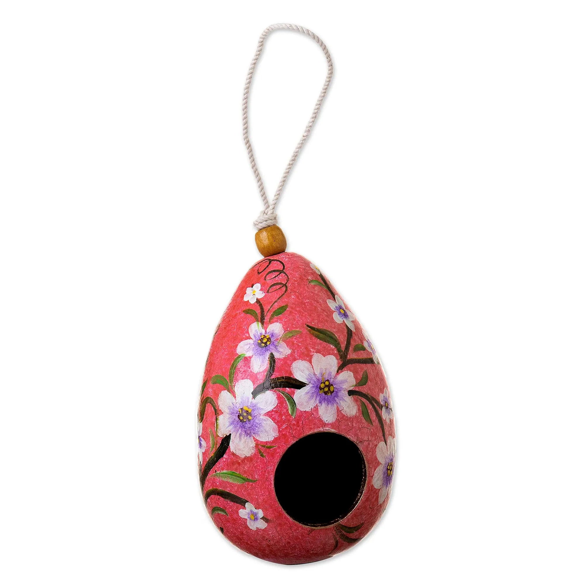 Hand Painted Crackled Red Dried Gourd Birdhouse from Peru - Spring Rose Condo | NOVICA