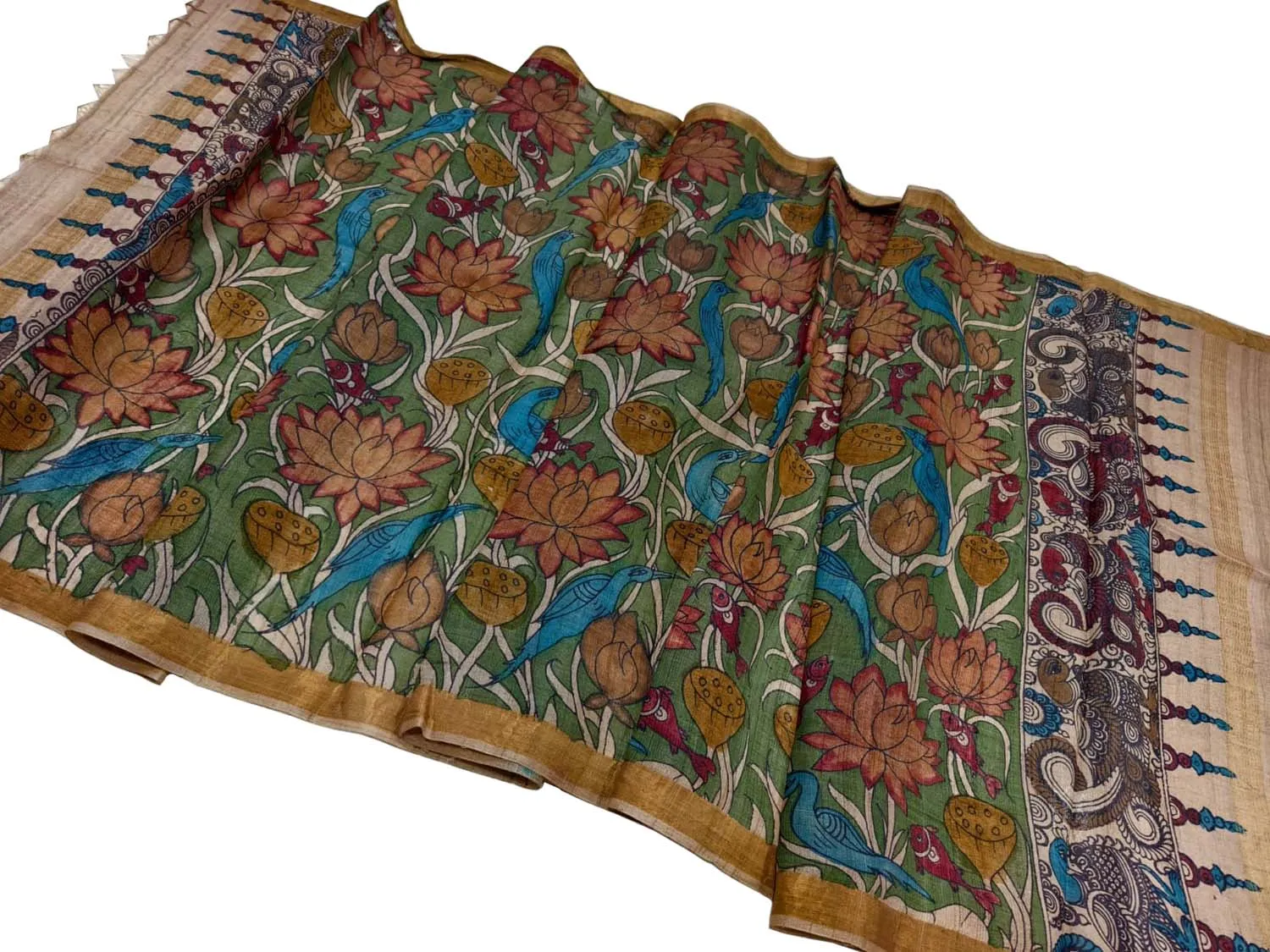 Hand Painted Tussar Silk Kalamkari Dupatta - Green