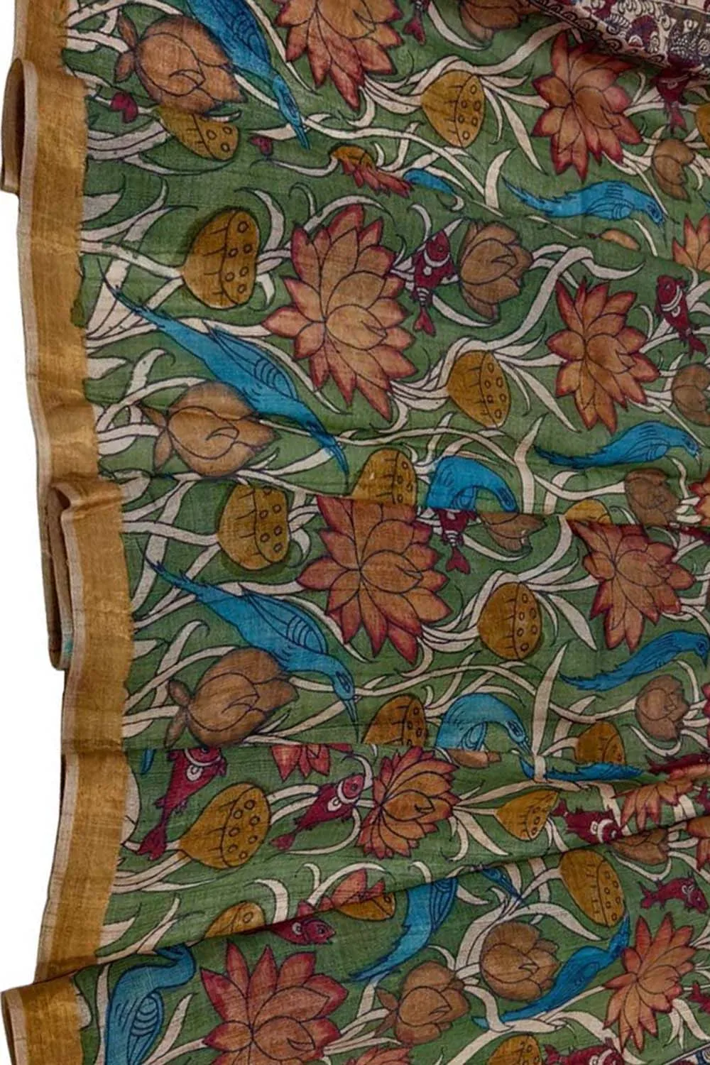 Hand Painted Tussar Silk Kalamkari Dupatta - Green