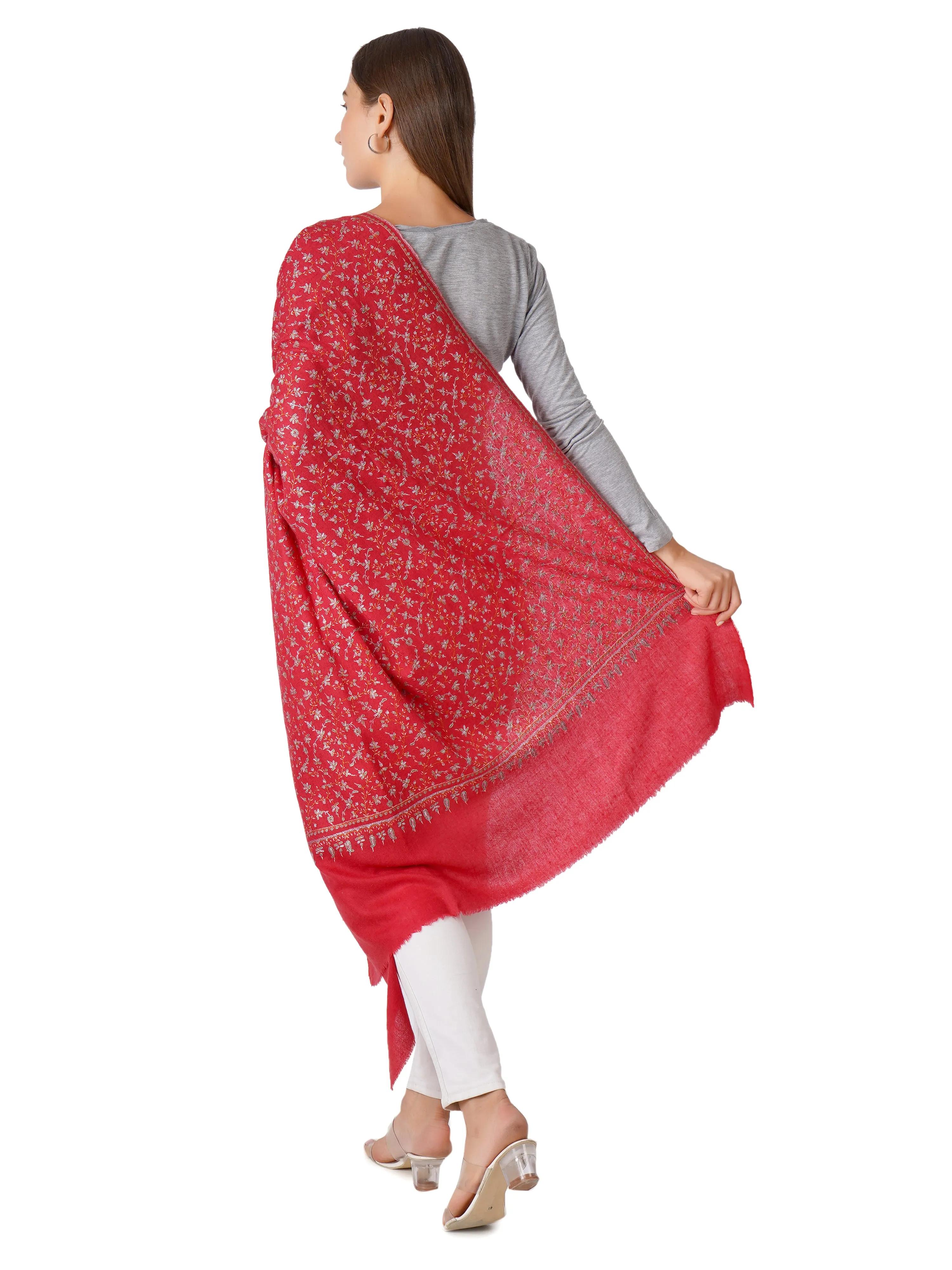 Handcrafted Pashmina Shawl with Floral Designs - Red