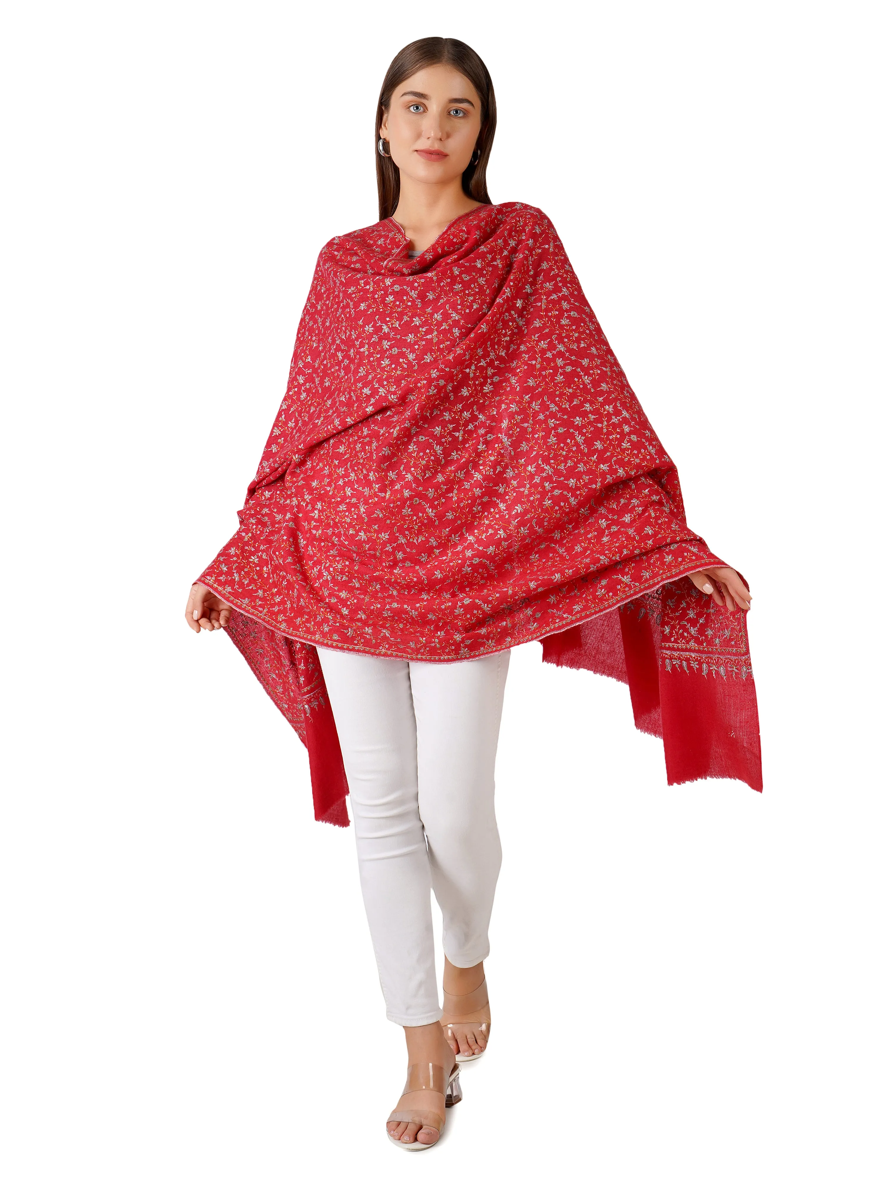 Handcrafted Pashmina Shawl with Floral Designs - Red