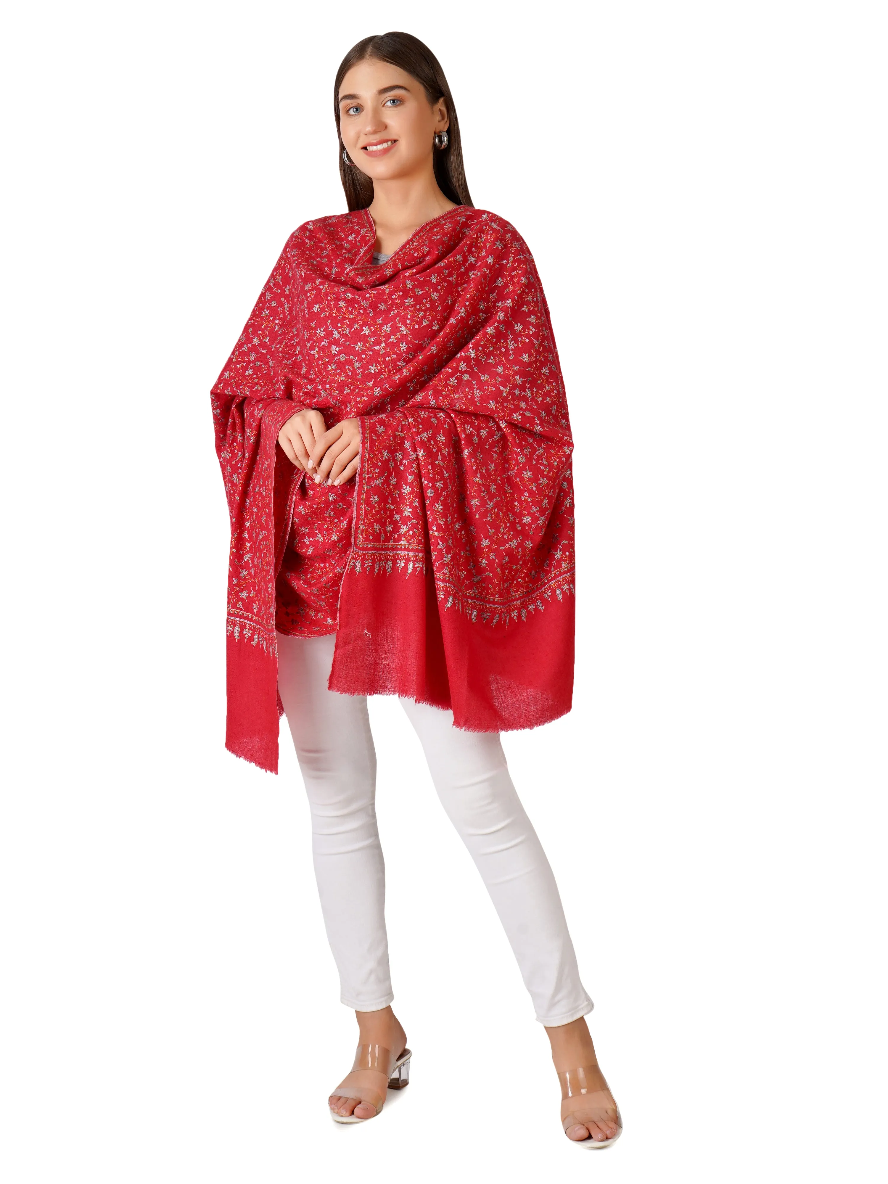 Handcrafted Pashmina Shawl with Floral Designs - Red