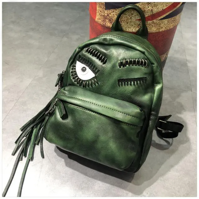 Handmade Womens Green Leather Backpack Purse Leather Rucksack for Women